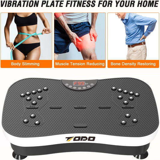 "Transform Your Fitness Journey with the TODO Vibration Plate! 💪✨ Experience whole body vibration for pain relief, lymphatic drainage, and weight loss – now with a remote control and 3 resistance bands! #FitnessGoals #Wellness"